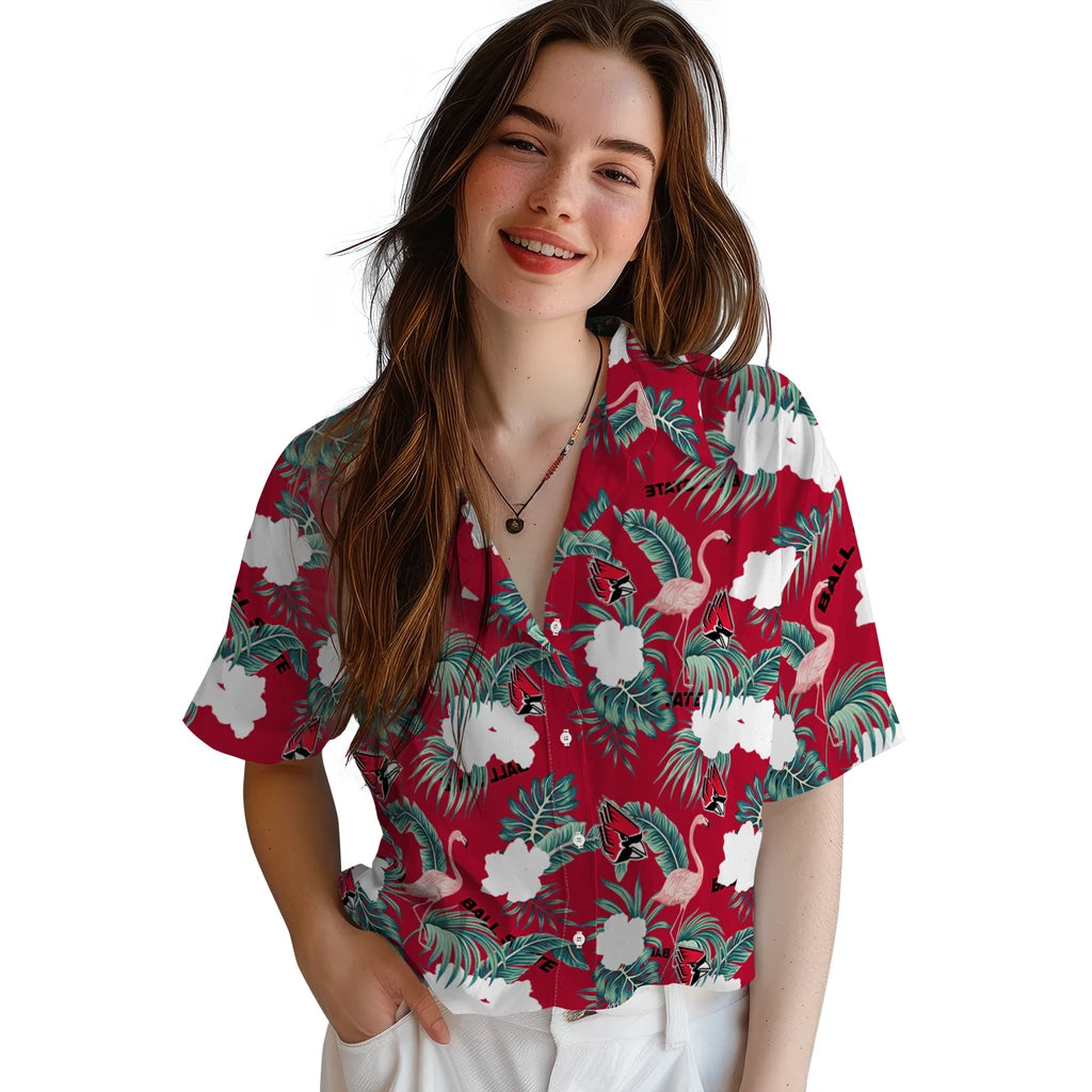 Ball State Cardinals Hawaiian Shirt - Flamingo and Hibiscus | Hula Hawaiian Shirts