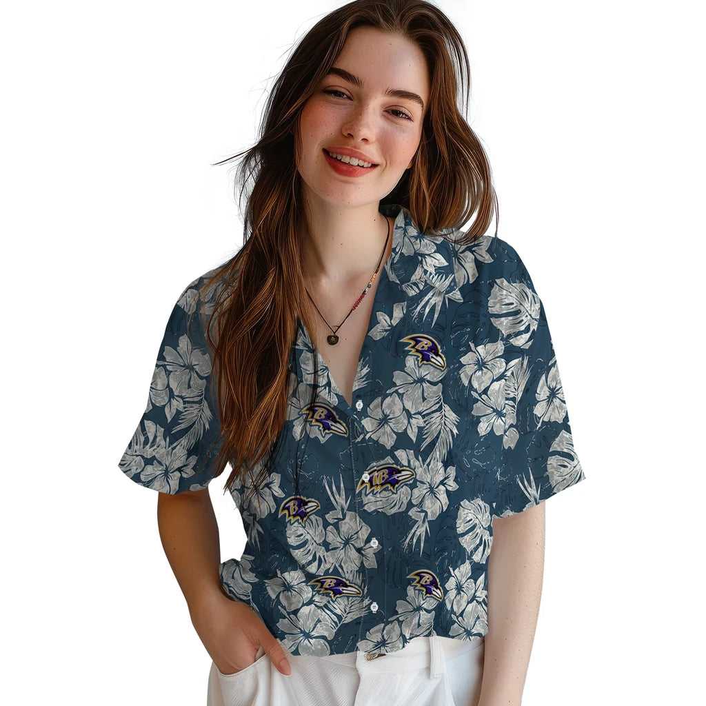 Baltimore Ravens Hawaiian Shirt - Hibiscus Flowers | Hula Hawaiian Shirts