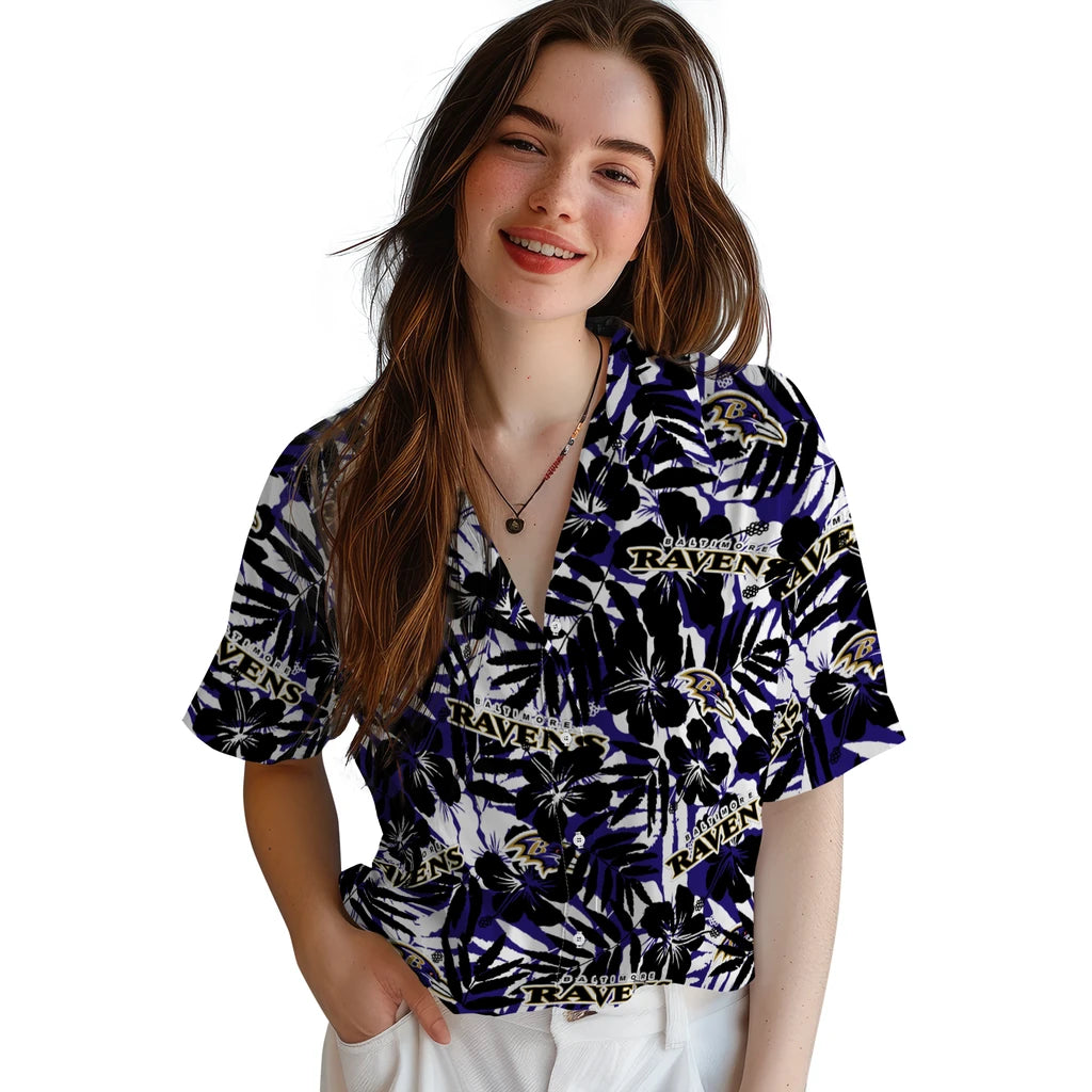 Baltimore Ravens Hawaiian Shirt - Hibiscus Overlay | Hula Hawaiian Shirts