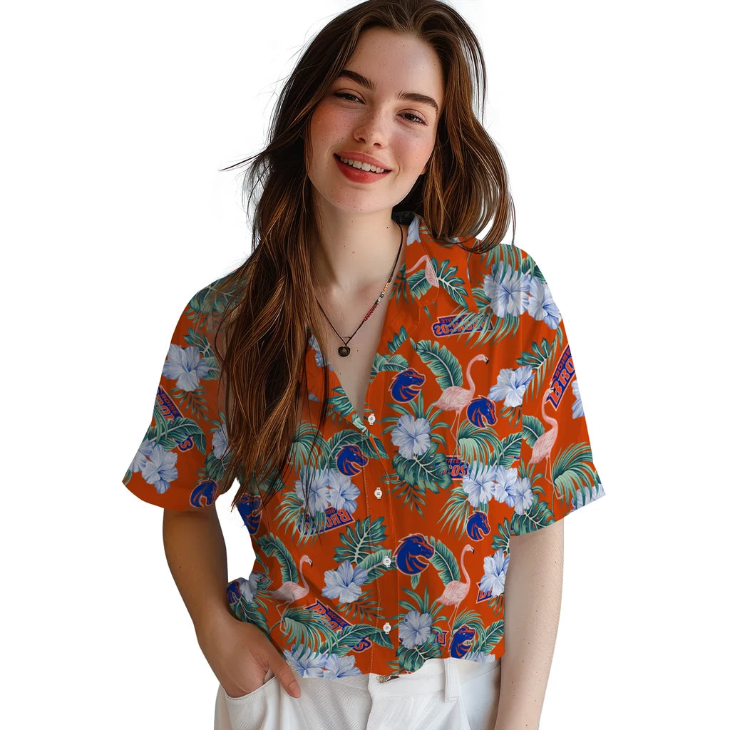 Boise State Broncos Hawaiian Shirt - Flamingo and Hibiscus | Hula Hawaiian Shirts