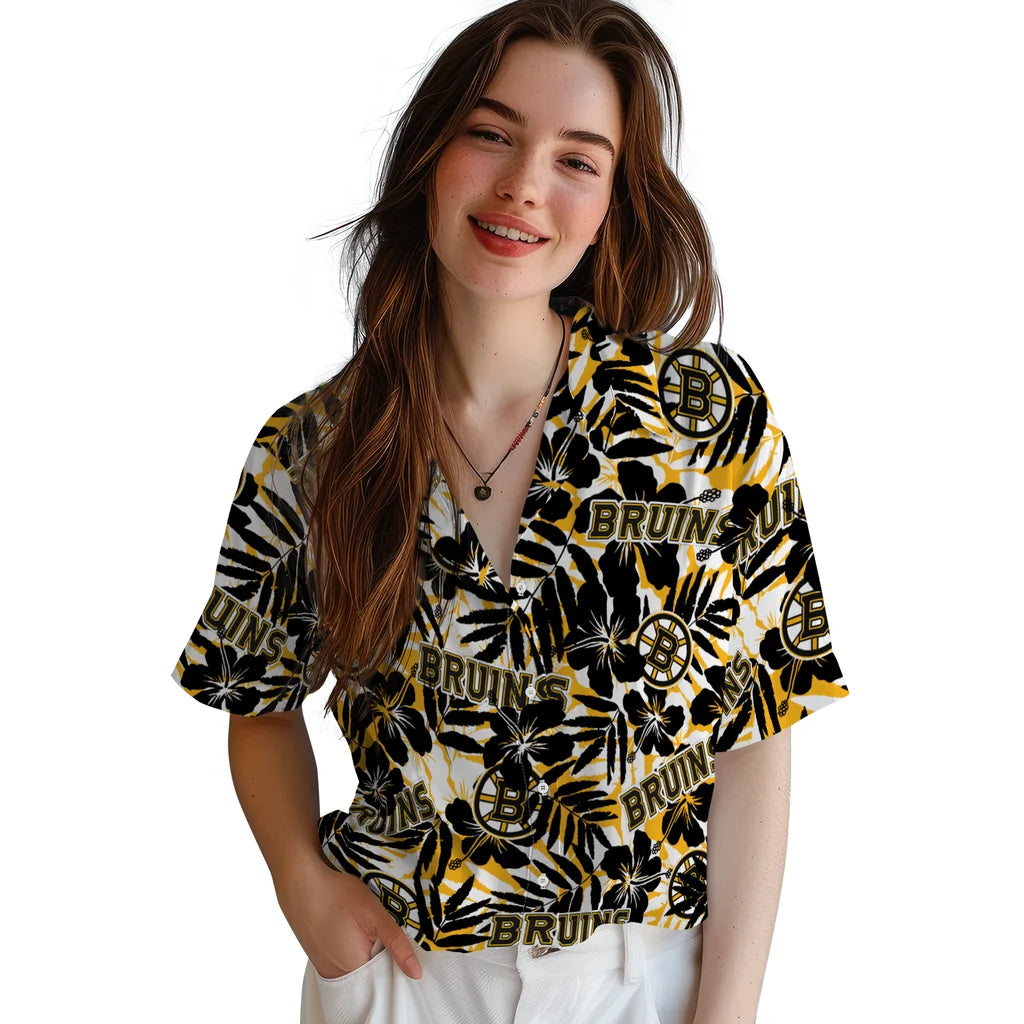 Boston Bruins Hawaiian Shirt - Hibiscus Overlay | Hula Hawaiian Shirts