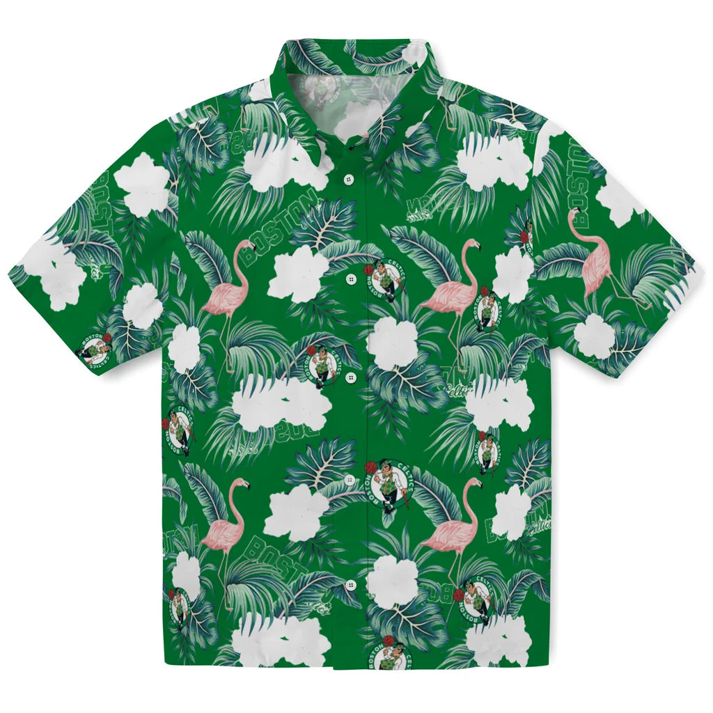Boston Celtics Hawaiian Shirt - Flamingo and Hibiscus | Hula Hawaiian Shirts