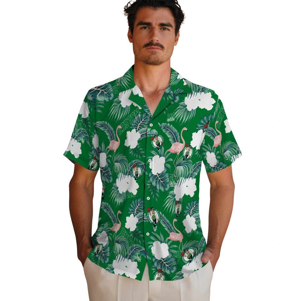 Boston Celtics Hawaiian Shirt - Flamingo and Hibiscus | Hula Hawaiian Shirts