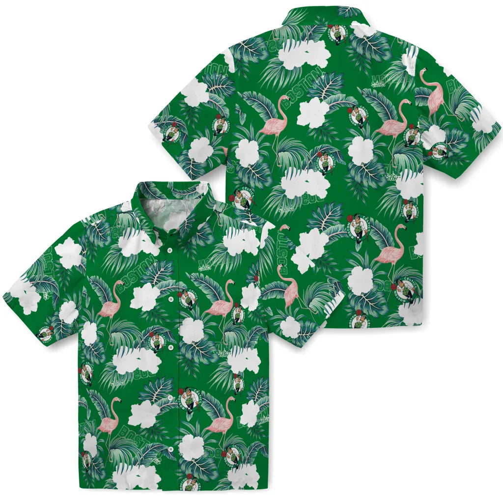 Boston Celtics Hawaiian Shirt - Flamingo and Hibiscus | Hula Hawaiian Shirts