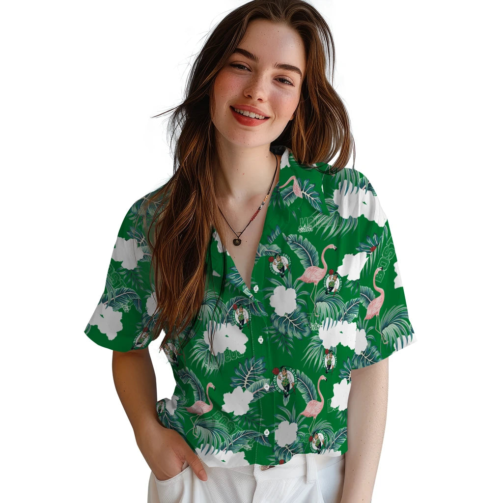 Boston Celtics Hawaiian Shirt - Flamingo and Hibiscus | Hula Hawaiian Shirts