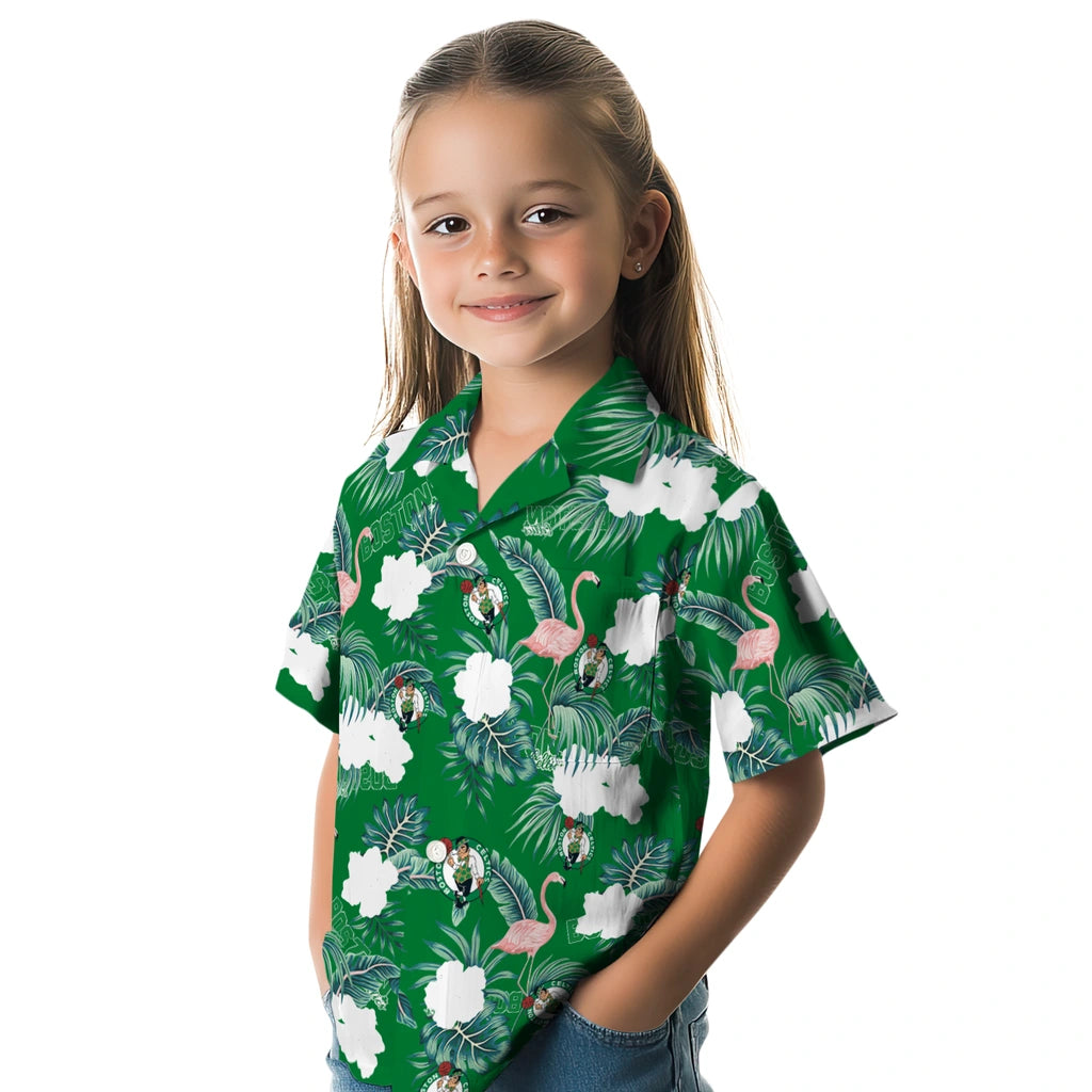 Boston Celtics Hawaiian Shirt - Flamingo and Hibiscus | Hula Hawaiian Shirts