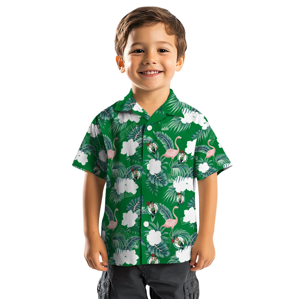 Boston Celtics Hawaiian Shirt - Flamingo and Hibiscus | Hula Hawaiian Shirts