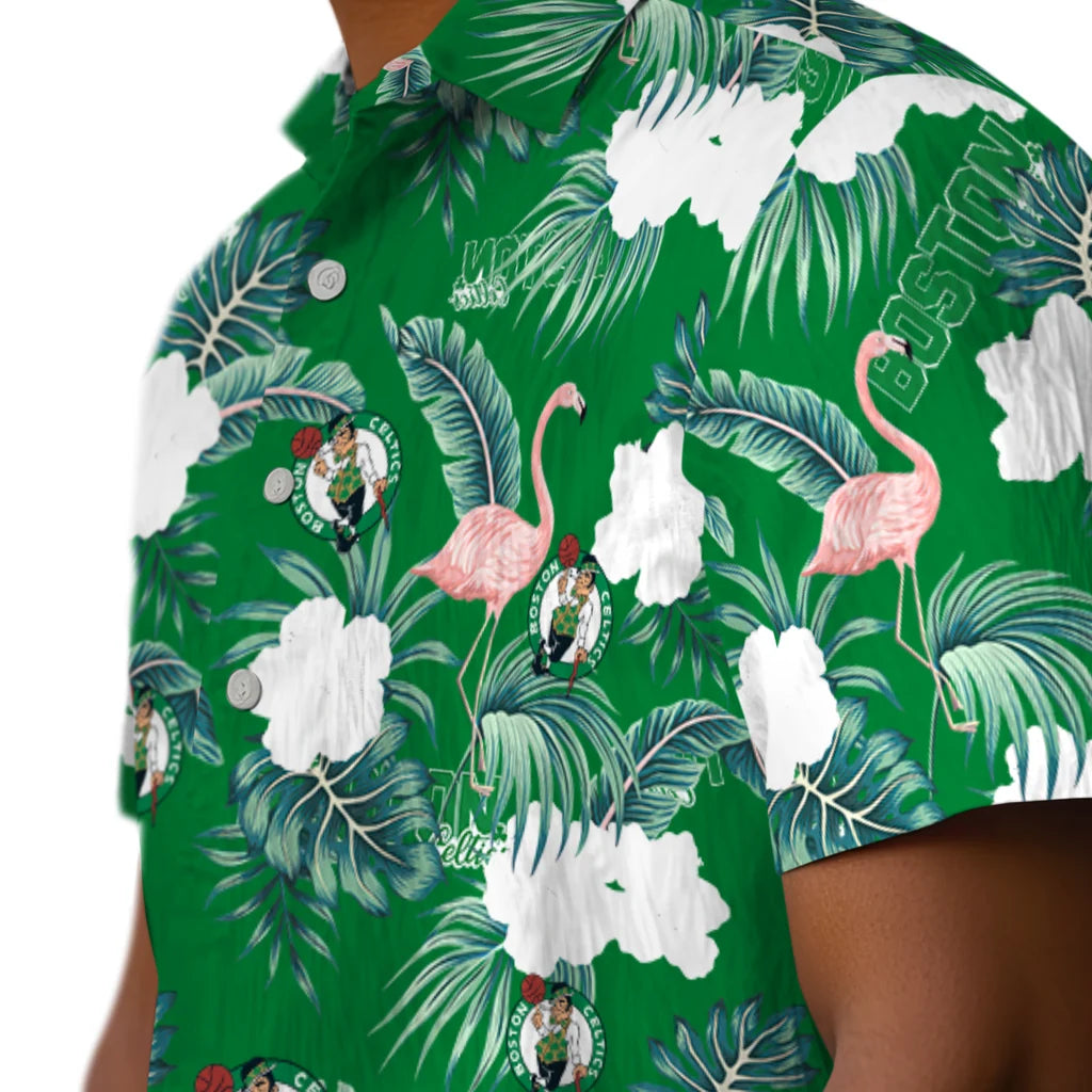 Boston Celtics Hawaiian Shirt - Flamingo and Hibiscus | Hula Hawaiian Shirts