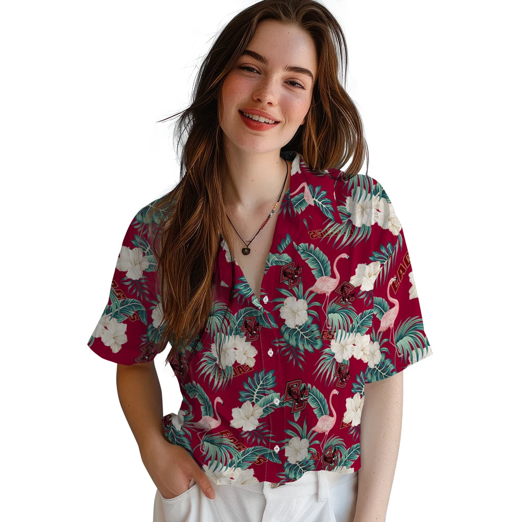 Boston College Eagles Hawaiian Shirt - Flamingo and Hibiscus | Hula Hawaiian Shirts
