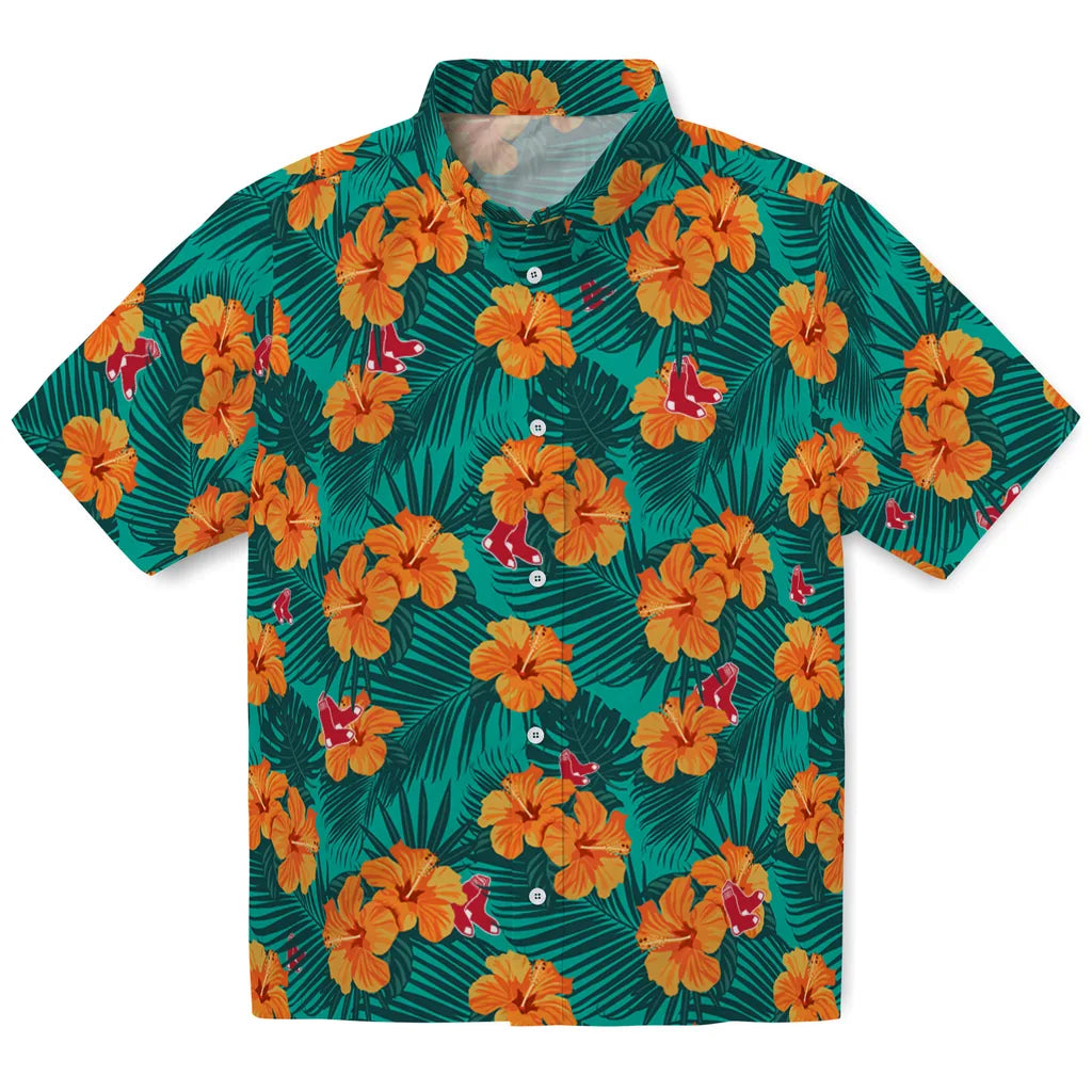 Boston Red Sox Hawaiian Shirt - Hibiscus and Palm Leaves | Hula Hawaiian Shirts