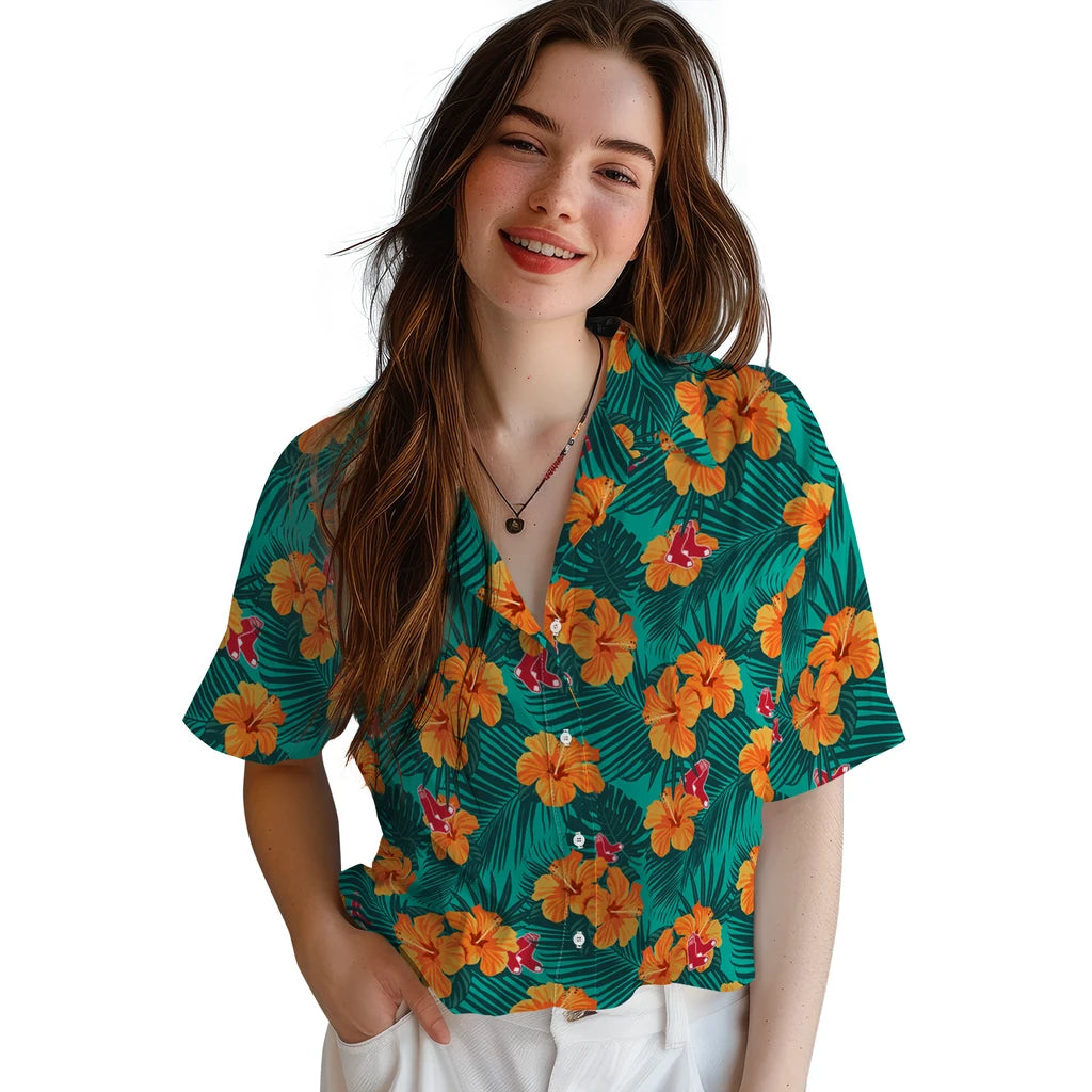 Boston Red Sox Hawaiian Shirt - Hibiscus and Palm Leaves | Hula Hawaiian Shirts