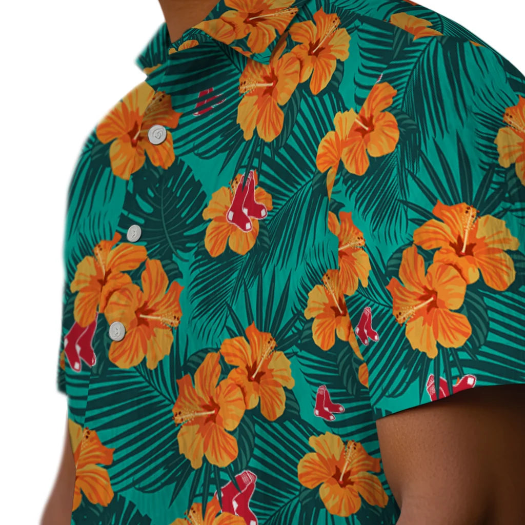 Boston Red Sox Hawaiian Shirt - Hibiscus and Palm Leaves | Hula Hawaiian Shirts