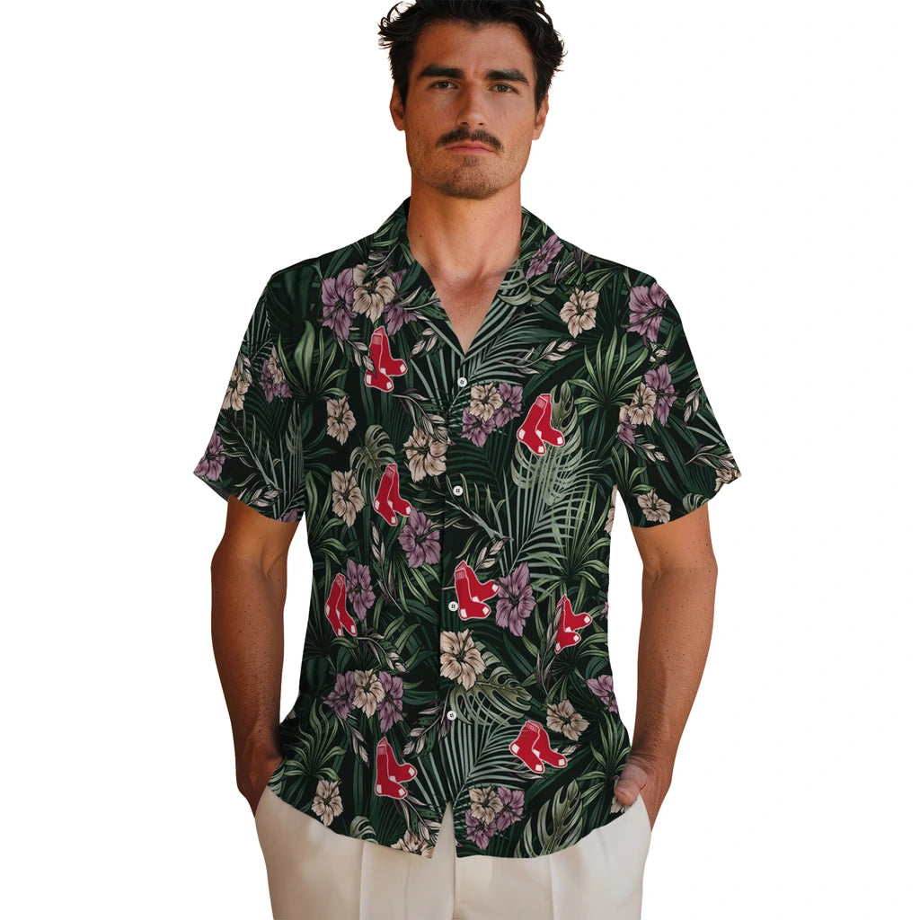 Boston Red Sox Hawaiian Shirt - Hibiscus Leaves Pattern | Hula Hawaiian Shirts