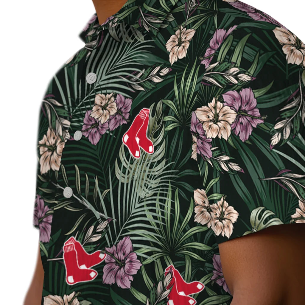 Boston Red Sox Hawaiian Shirt - Hibiscus Leaves Pattern | Hula Hawaiian Shirts