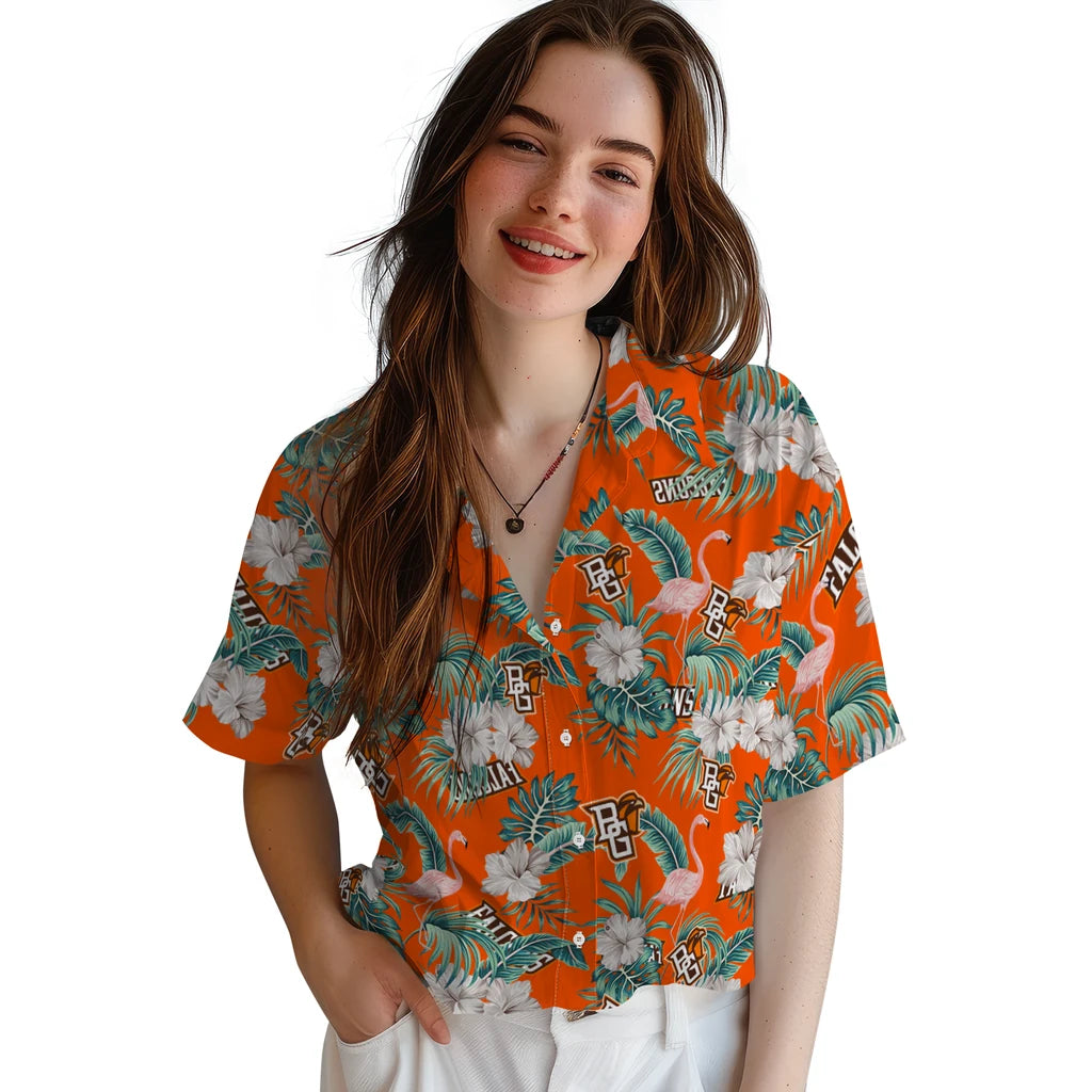Bowling Green Falcons Hawaiian Shirt - Flamingo and Hibiscus | Hula Hawaiian Shirts