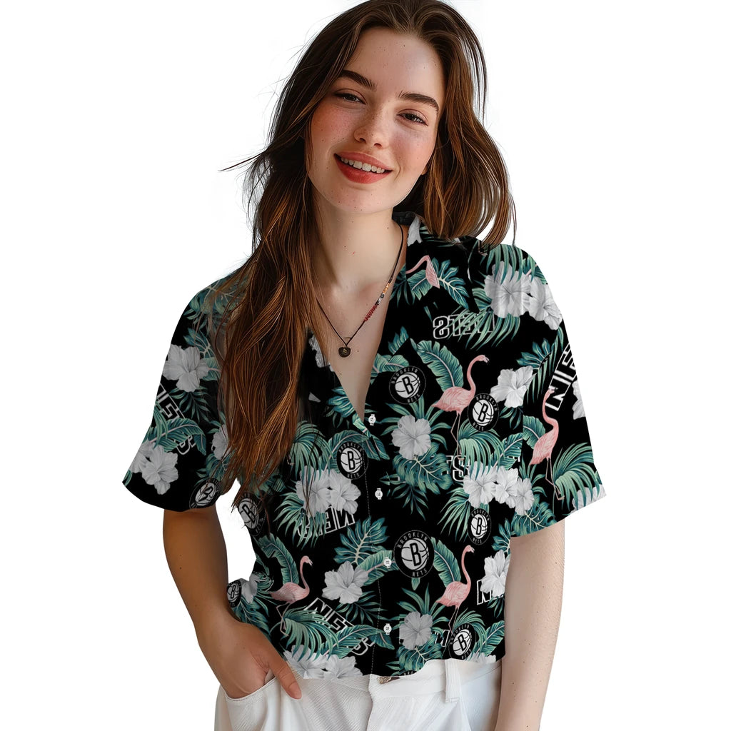 Brooklyn Nets Hawaiian Shirt - Flamingo and Hibiscus | Hula Hawaiian Shirts