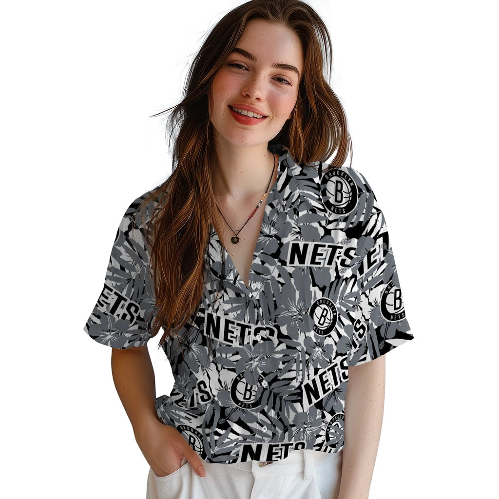 Brooklyn Nets Hawaiian Shirt - Hibiscus Overlay | Hula Hawaiian Shirts
