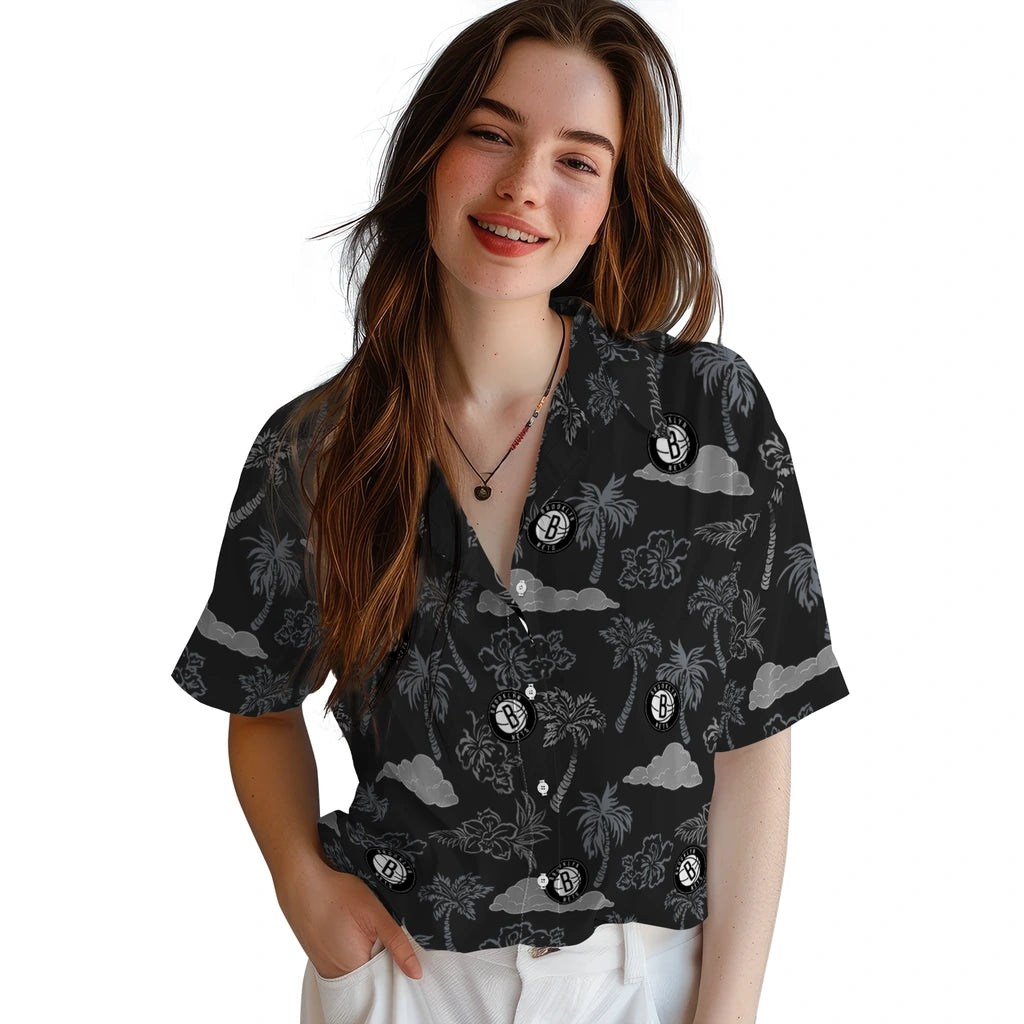 Brooklyn Nets Hawaiian Shirt - Palm And Clouds | Hula Hawaiian Shirts