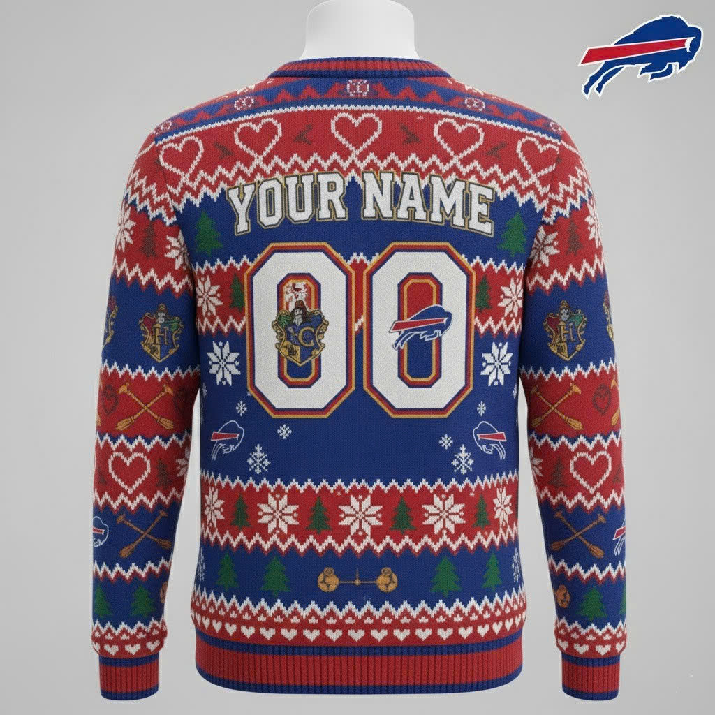 Buffalo Bills x Harry Potter Ugly Christmas Sweater – Red & Blue "Wizarding Football" Knit - LeagueLockerGear