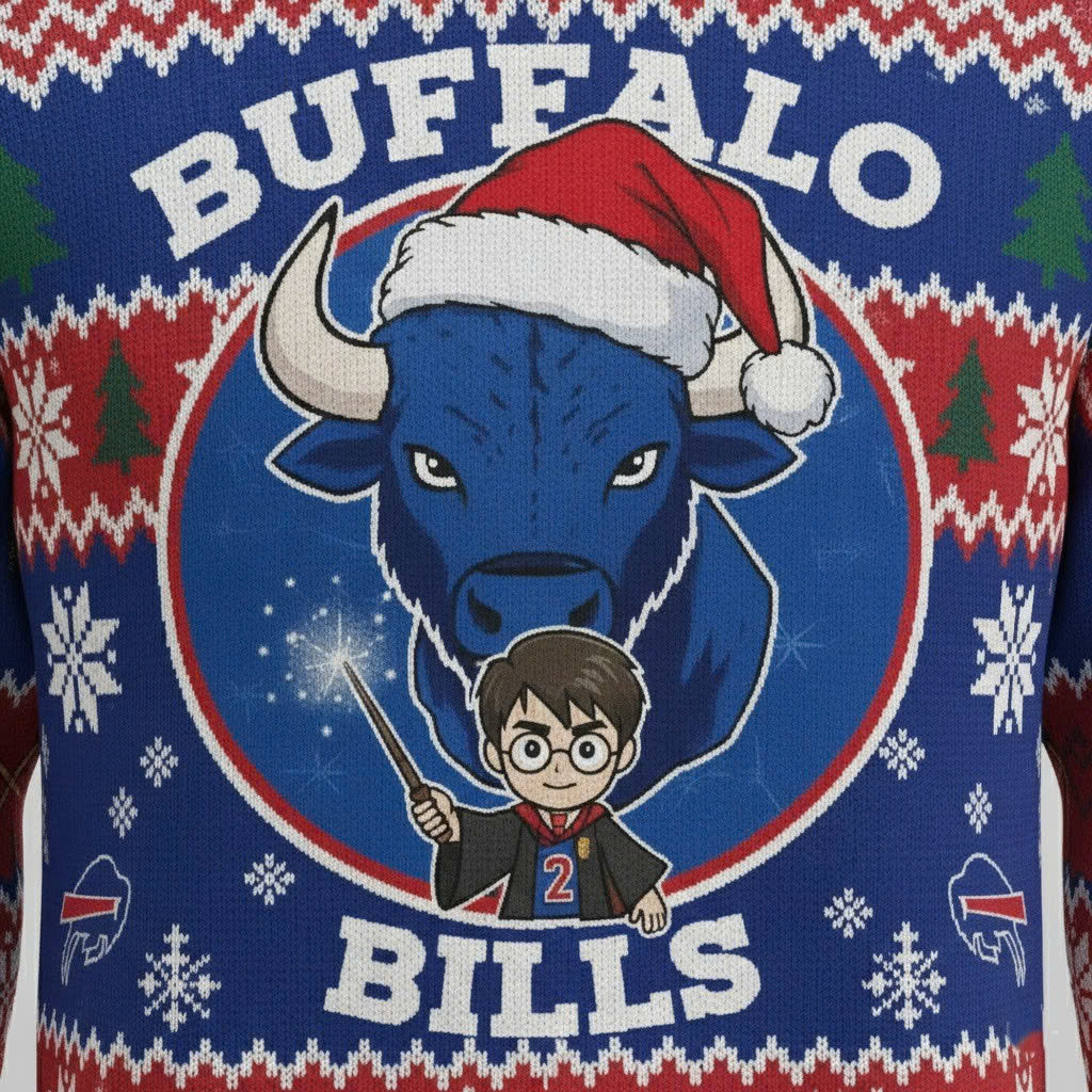 Buffalo Bills x Harry Potter Ugly Christmas Sweater – Red & Blue "Wizarding Football" Knit - LeagueLockerGear