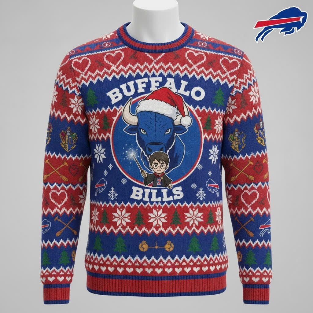 Buffalo Bills x Harry Potter Ugly Christmas Sweater – Red & Blue "Wizarding Football" Knit - LeagueLockerGear