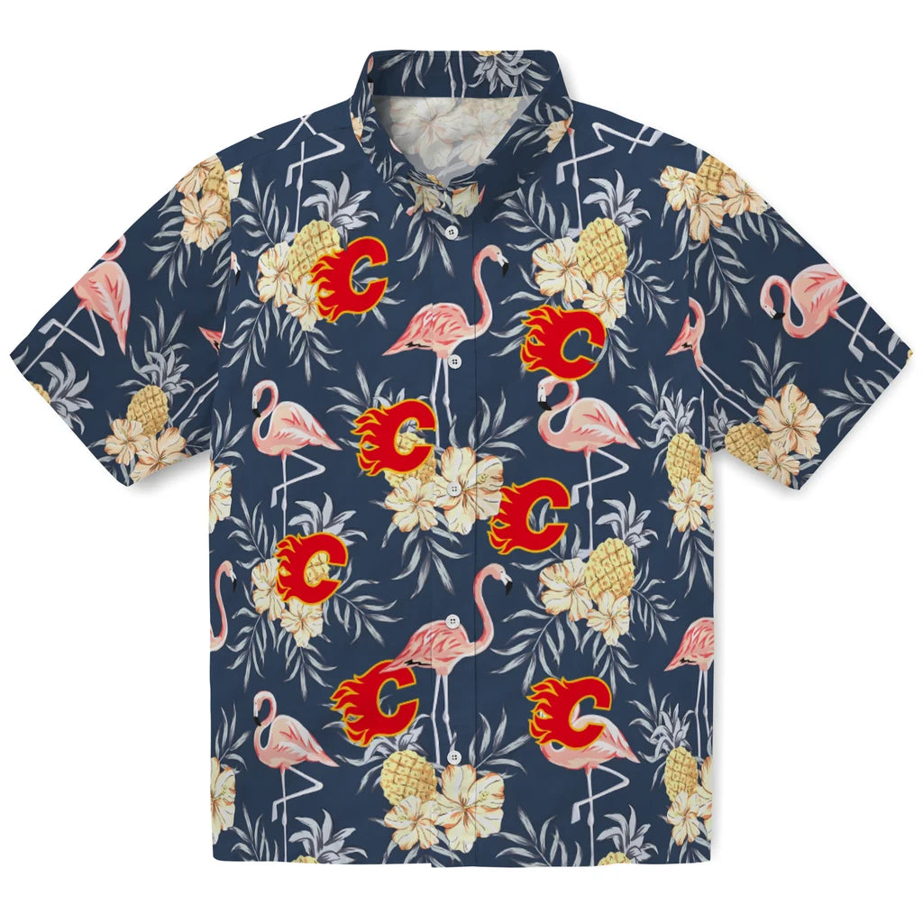 Calgary Flames Hawaiian Shirt - Flamingo Hibiscus | Hula Hawaiian Shirts