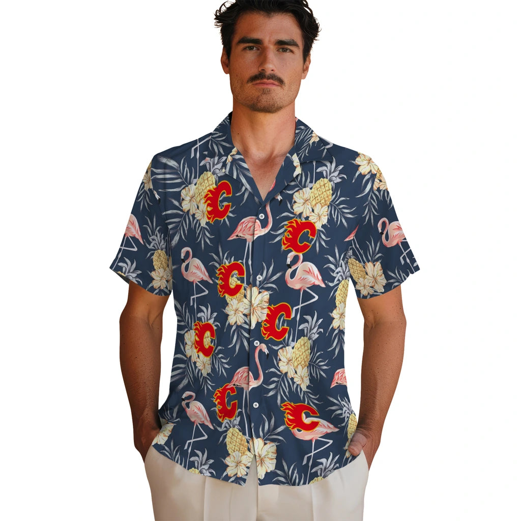 Calgary Flames Hawaiian Shirt - Flamingo Hibiscus | Hula Hawaiian Shirts