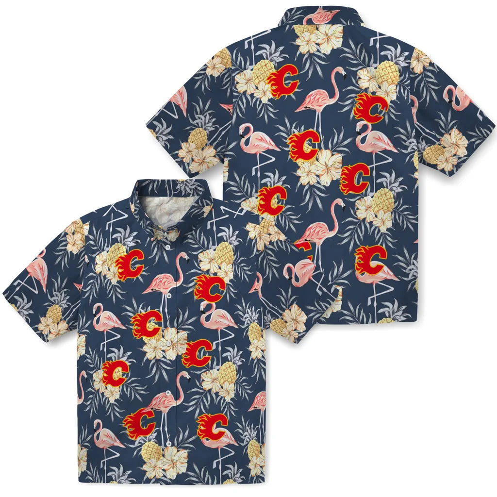 Calgary Flames Hawaiian Shirt - Flamingo Hibiscus | Hula Hawaiian Shirts