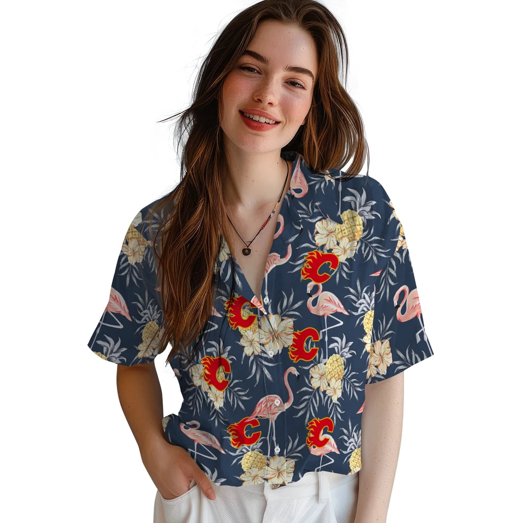 Calgary Flames Hawaiian Shirt - Flamingo Hibiscus | Hula Hawaiian Shirts