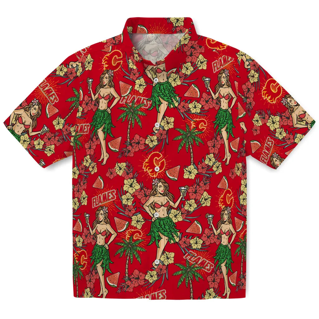 Calgary Flames Hawaiian Shirt - Hawaiian Girls Design | Hula Hawaiian Shirts
