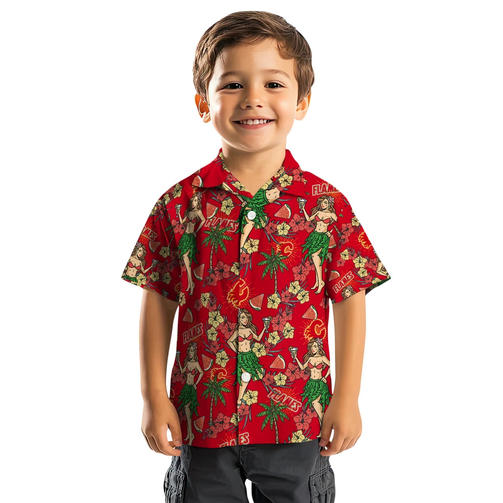 Calgary Flames Hawaiian Shirt - Hawaiian Girls Design | Hula Hawaiian Shirts