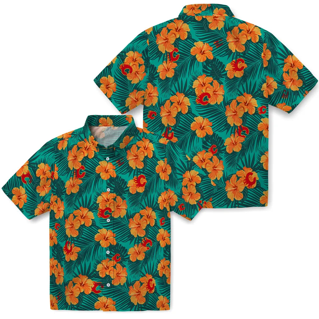 Calgary Flames Hawaiian Shirt - Hibiscus and Palm Leaves | Hula Hawaiian Shirts