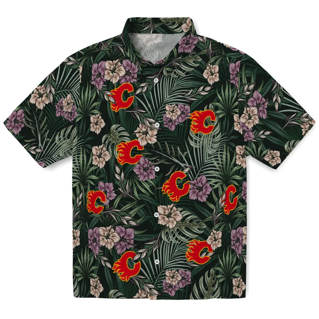 Calgary Flames Hawaiian Shirt - Hibiscus Leaves Pattern | Hula Hawaiian Shirts