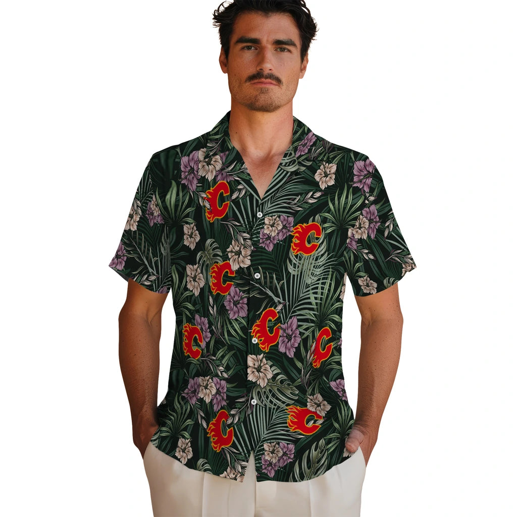 Calgary Flames Hawaiian Shirt - Hibiscus Leaves Pattern | Hula Hawaiian Shirts