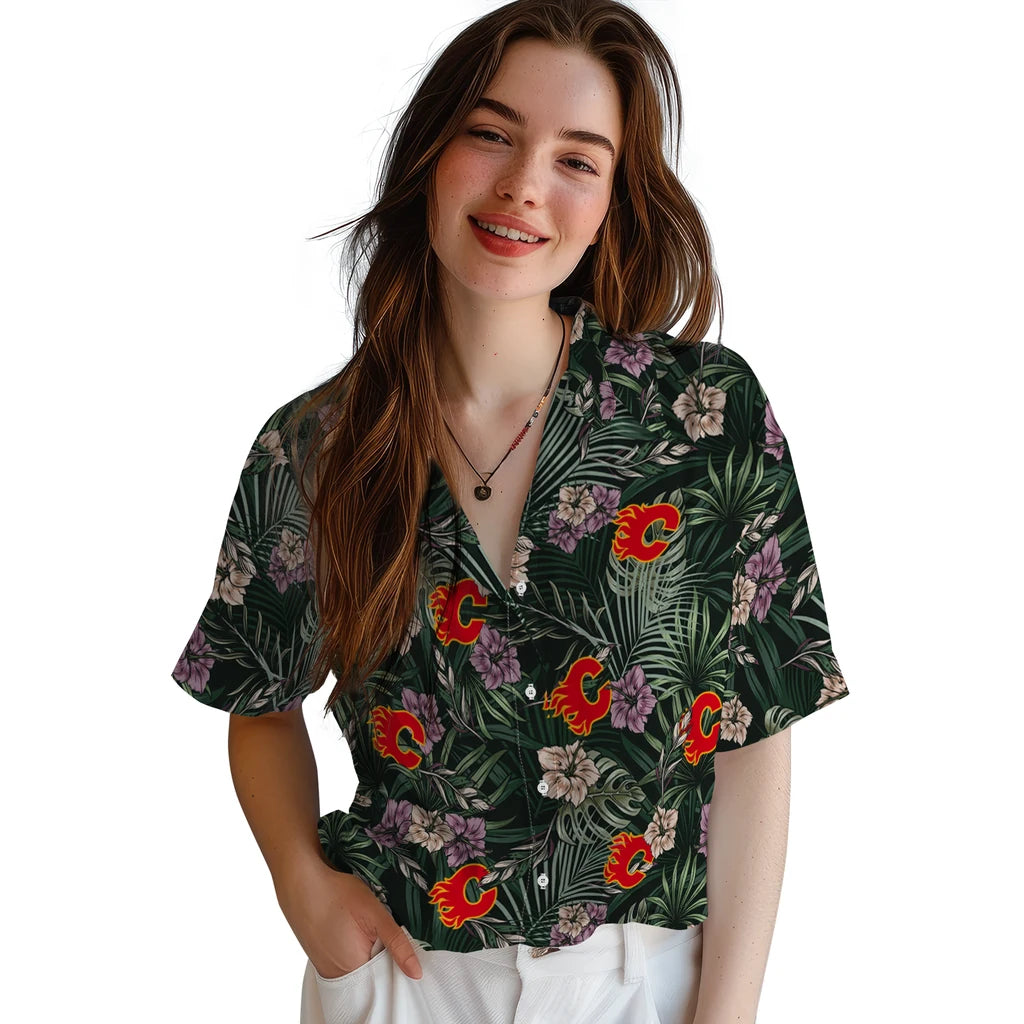 Calgary Flames Hawaiian Shirt - Hibiscus Leaves Pattern | Hula Hawaiian Shirts