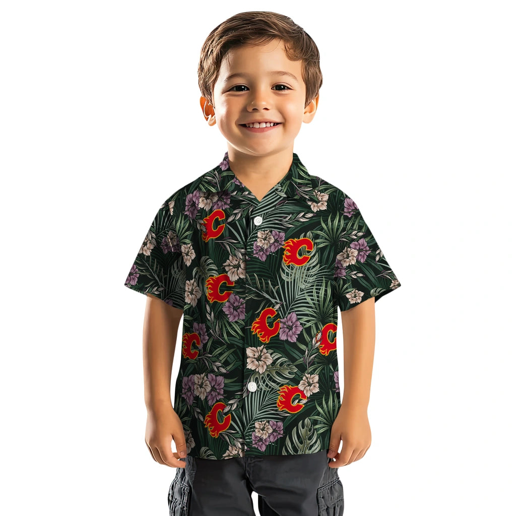 Calgary Flames Hawaiian Shirt - Hibiscus Leaves Pattern | Hula Hawaiian Shirts
