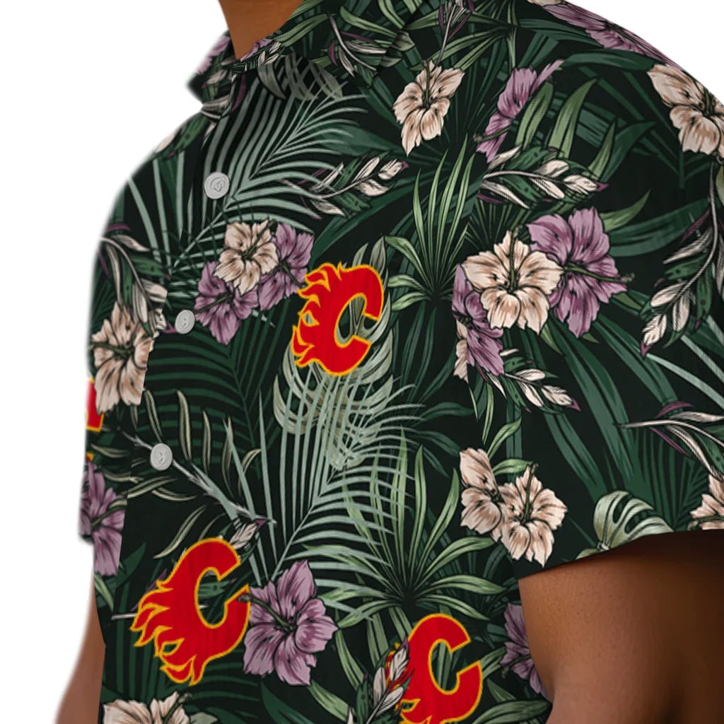 Calgary Flames Hawaiian Shirt - Hibiscus Leaves Pattern | Hula Hawaiian Shirts