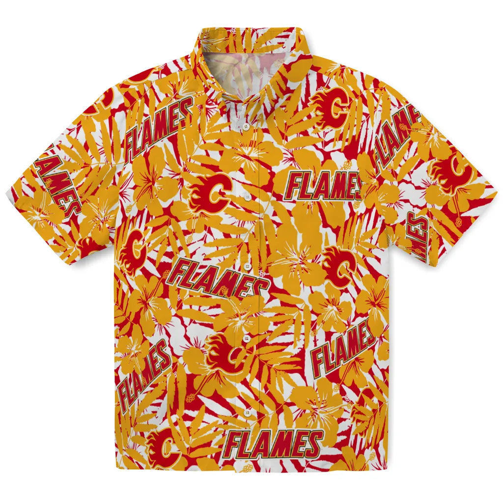 Calgary Flames Hawaiian Shirt - Hibiscus Overlay | Hula Hawaiian Shirts