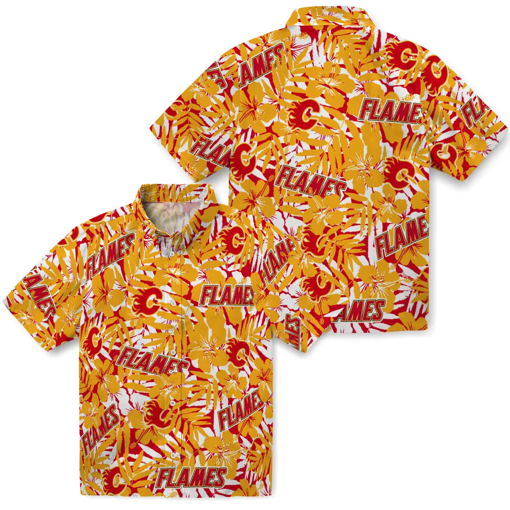 Calgary Flames Hawaiian Shirt - Hibiscus Overlay | Hula Hawaiian Shirts