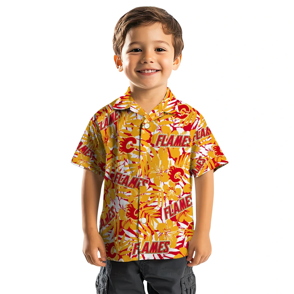 Calgary Flames Hawaiian Shirt - Hibiscus Overlay | Hula Hawaiian Shirts