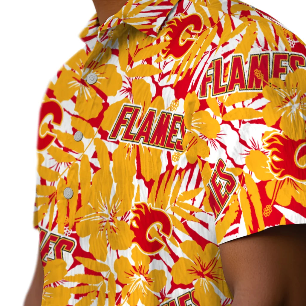 Calgary Flames Hawaiian Shirt - Hibiscus Overlay | Hula Hawaiian Shirts