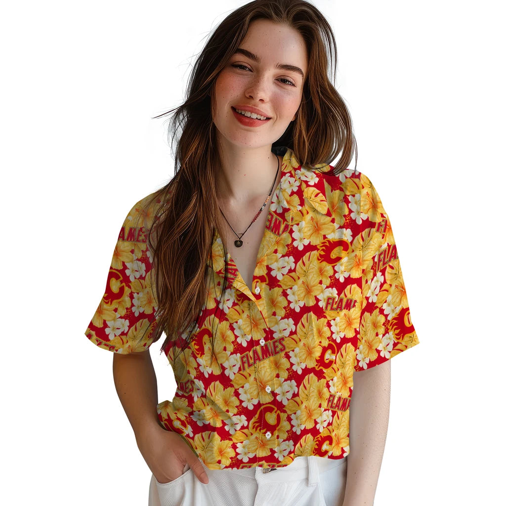 Calgary Flames Hawaiian Shirt - Hibiscus Tropics | Hula Hawaiian Shirts