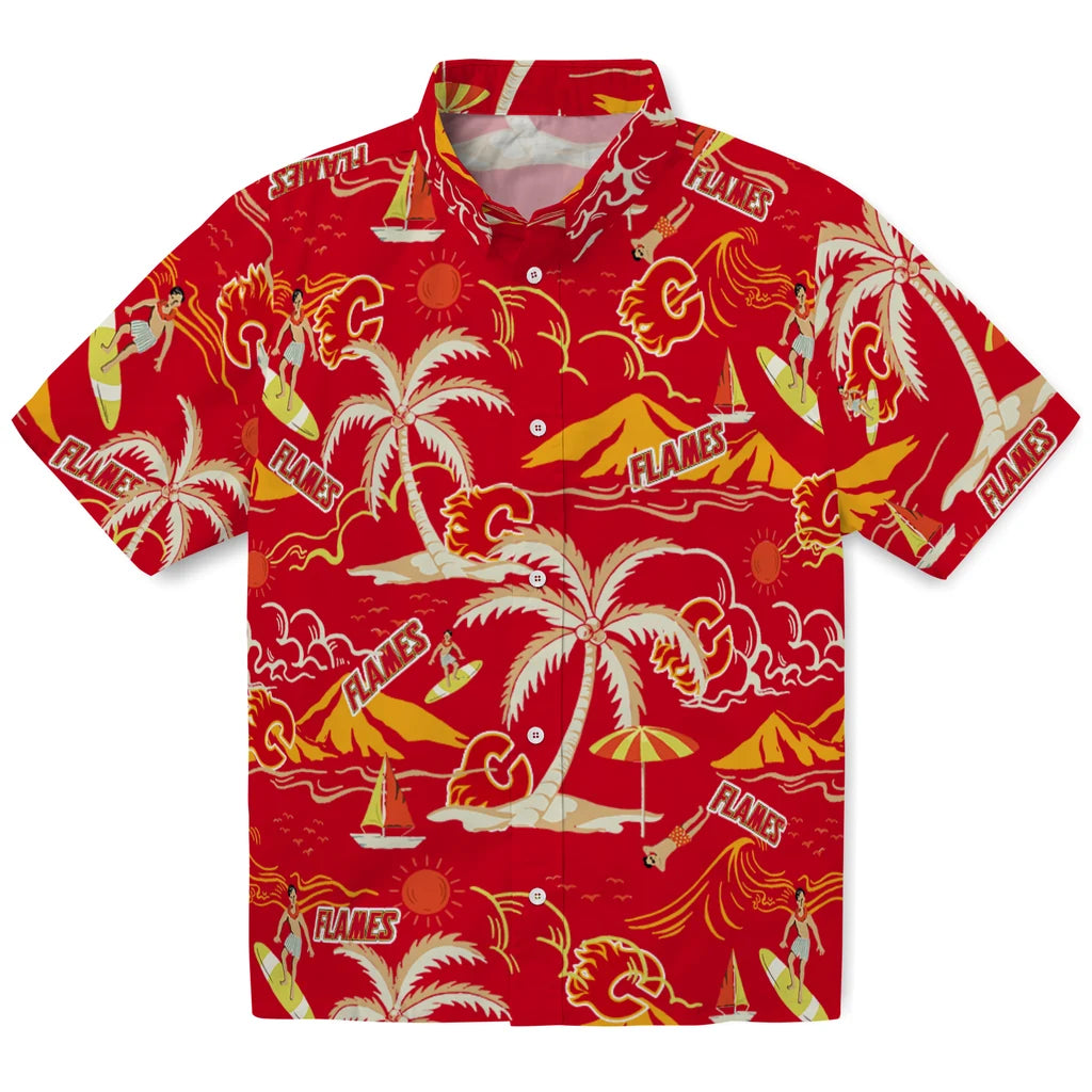 Calgary Flames Hawaiian Shirt - Palm Tree Island | Hula Hawaiian Shirts