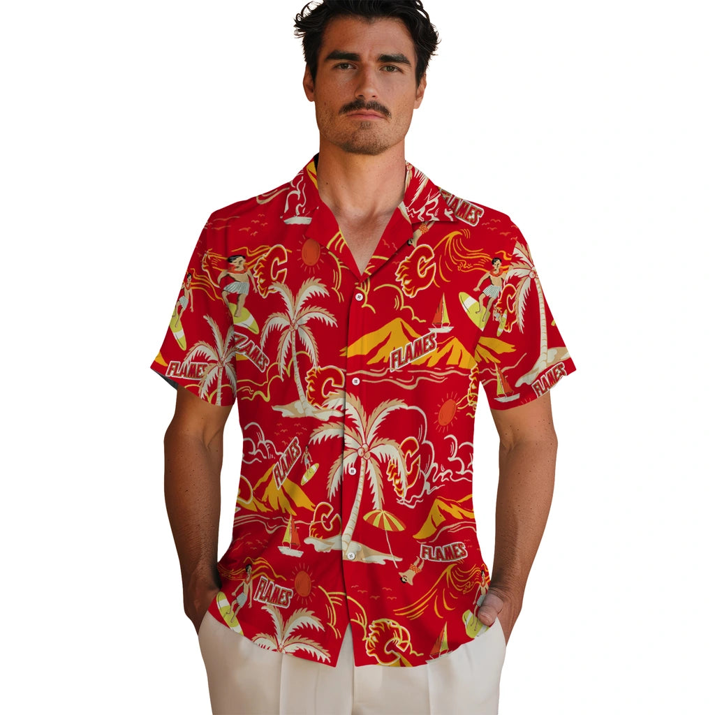 Calgary Flames Hawaiian Shirt - Palm Tree Island | Hula Hawaiian Shirts