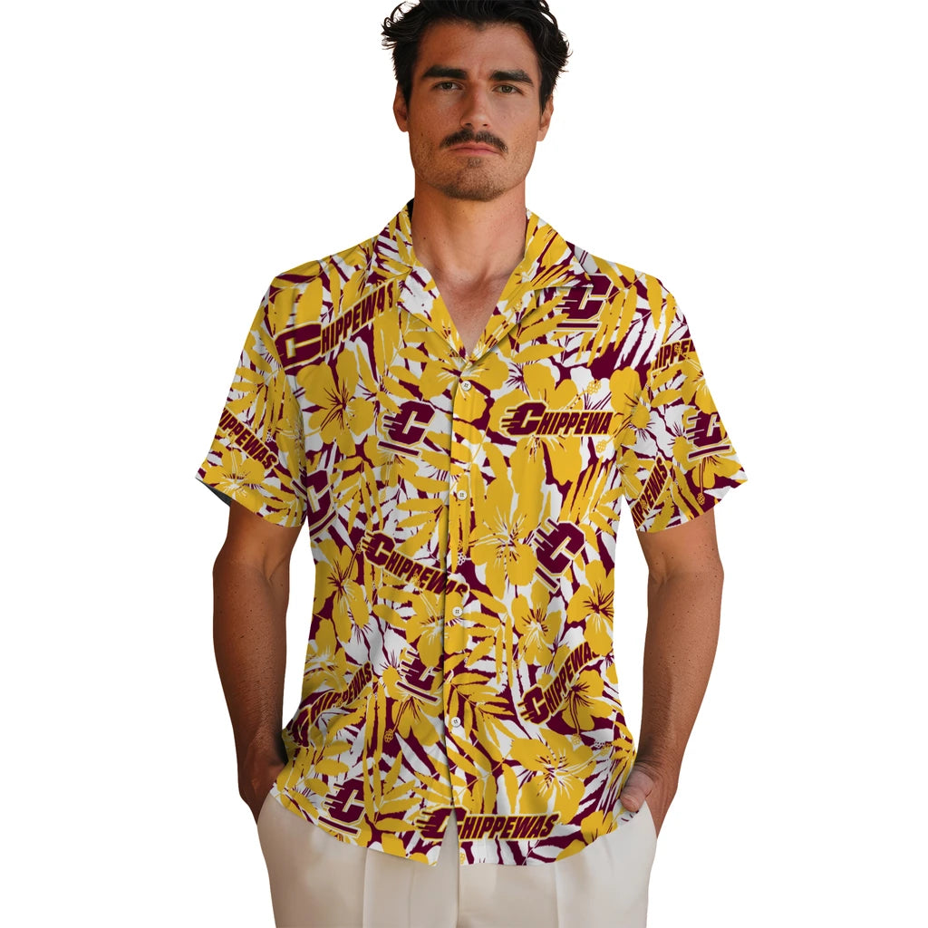 Central Michigan Chippewas Hawaiian Shirt - Hibiscus Overlay | Hula Hawaiian Shirts