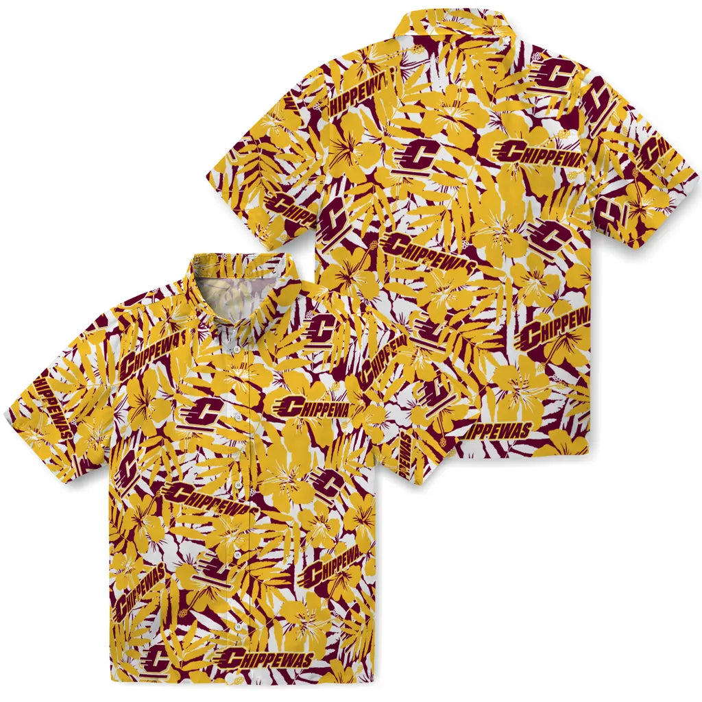 Central Michigan Chippewas Hawaiian Shirt - Hibiscus Overlay | Hula Hawaiian Shirts