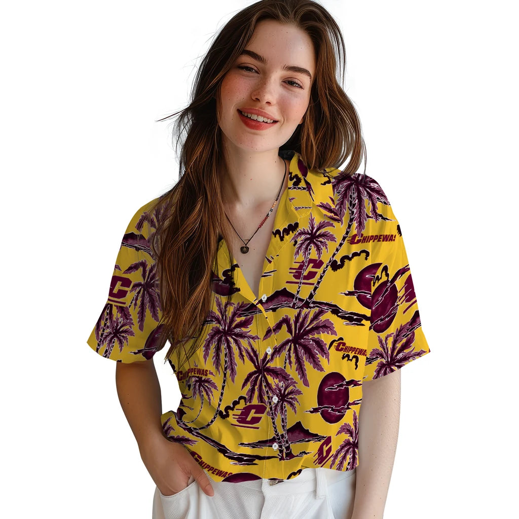 Central Michigan Chippewas Hawaiian Shirt - Palm Sunset | Hula Hawaiian Shirts