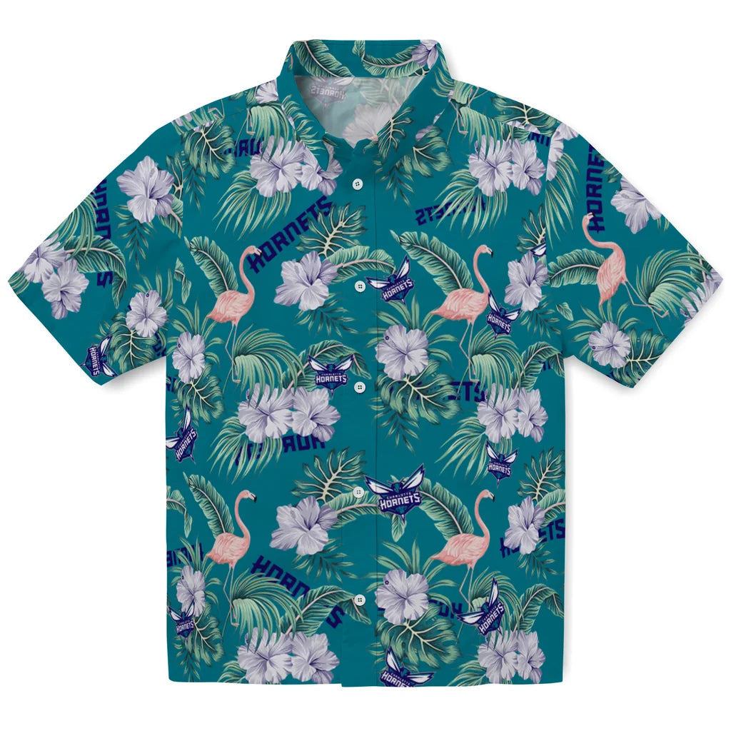 Charlotte Hornets Hawaiian Shirt - Flamingo and Hibiscus | Hula Hawaiian Shirts