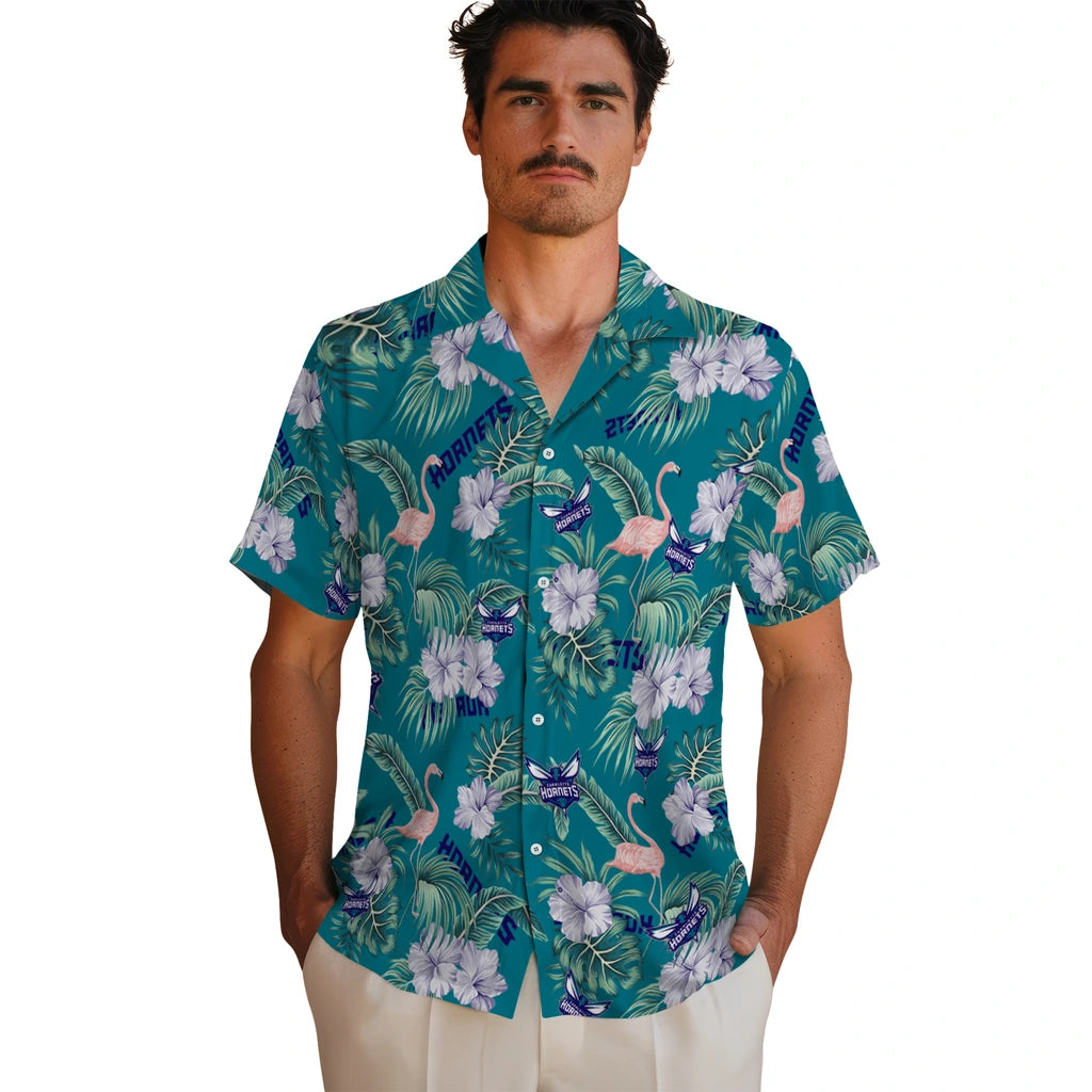 Charlotte Hornets Hawaiian Shirt - Flamingo and Hibiscus | Hula Hawaiian Shirts