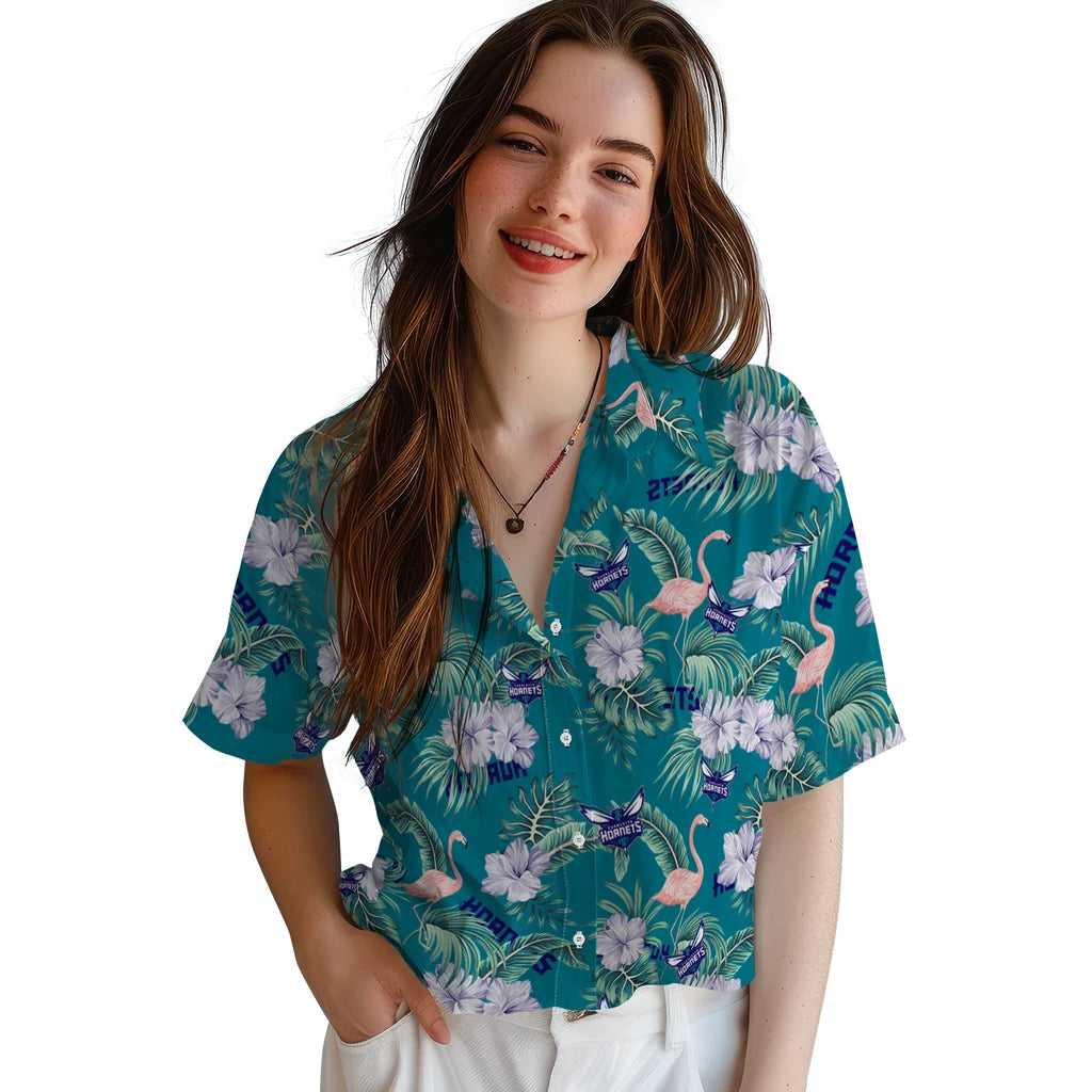 Charlotte Hornets Hawaiian Shirt - Flamingo and Hibiscus | Hula Hawaiian Shirts